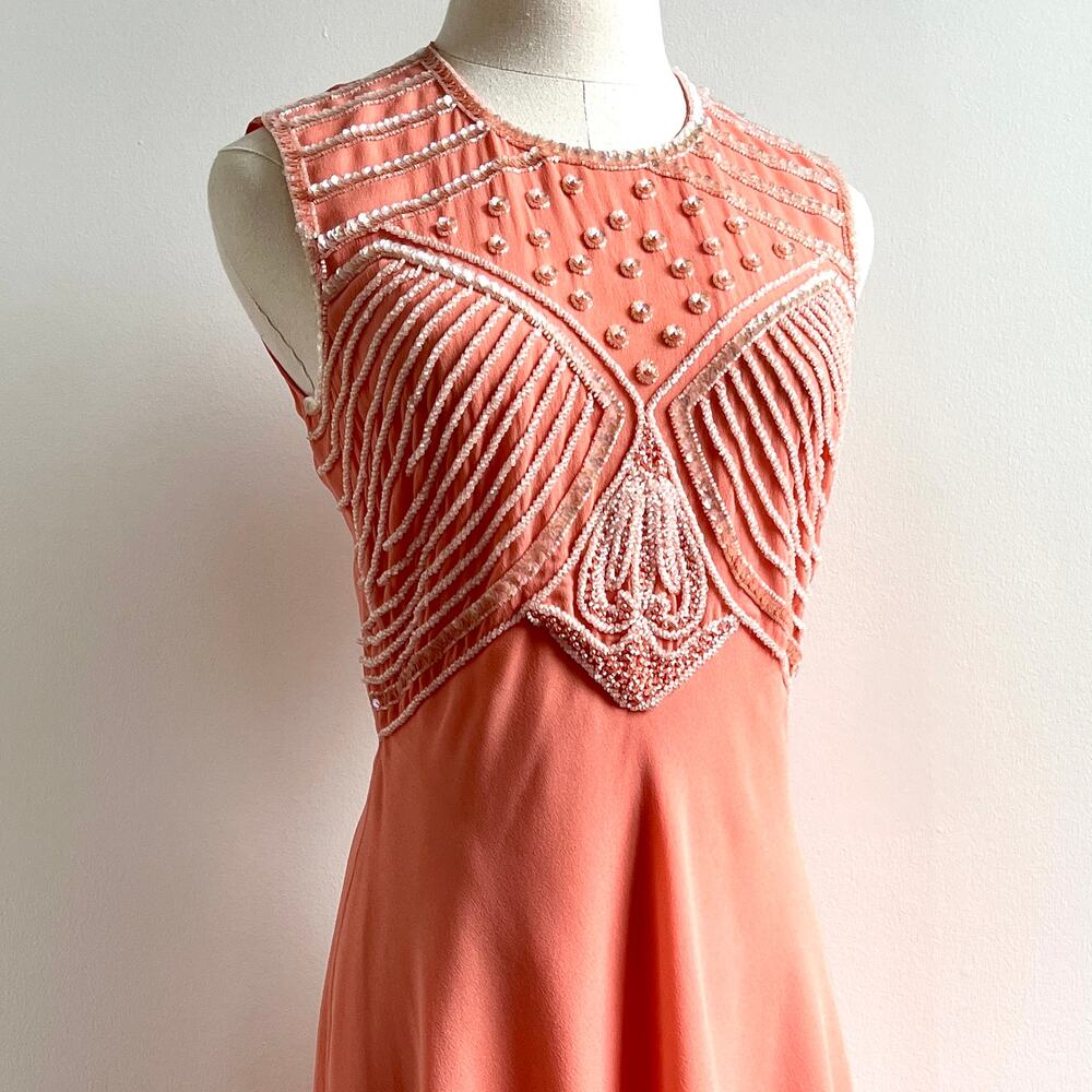Vintage 80s Silk Beaded Mini Dress | Coral Peach Chiffon | Art Deco Cocktail | S